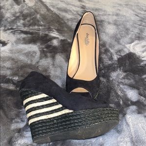 Charlotte Russe-Black Suede Stripes Peep Toe Wedge